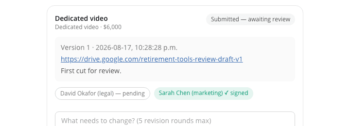 A real deliverable awaiting dual sign-off: a legal approver still pending and a marketing approver who has already signed