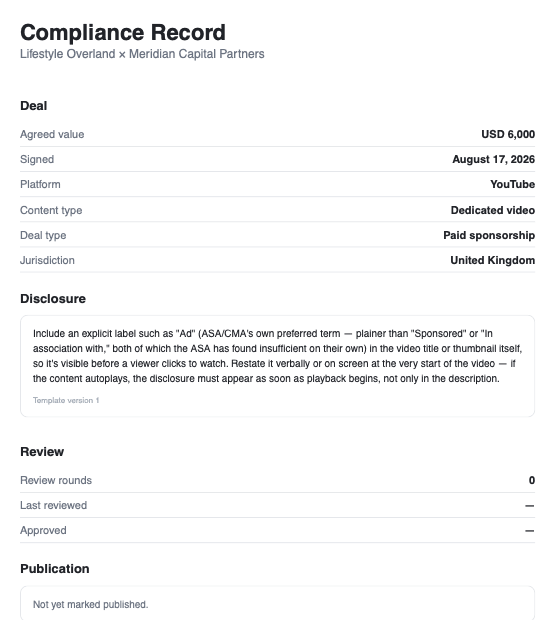 A real exported compliance-record PDF: deal terms, the resolved disclosure wording, review history, and publication status