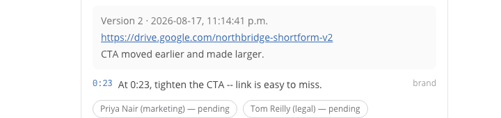 A real timestamped comment on a real v2 resubmission: 'At 0:23, tighten the CTA — link is easy to miss'